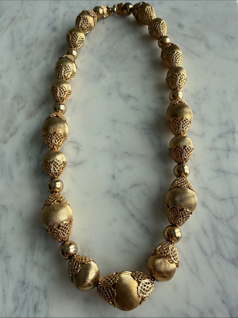 Incredible vintage Monet gold filigree bead necklace MCM atomic era jewelry